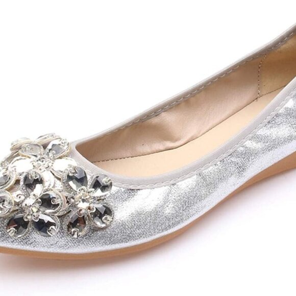 Women Foldable Flats Faux Leather 9.5-10 Slip On Rhinestone Pointed Toe - Picture 1 of 6